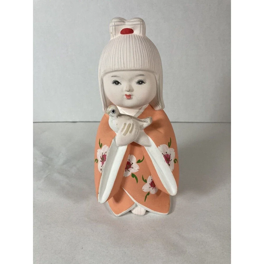 Vtg Japanese Doll Pottery Ornament Girl Hakata Showa Retro Holding Bird Japan